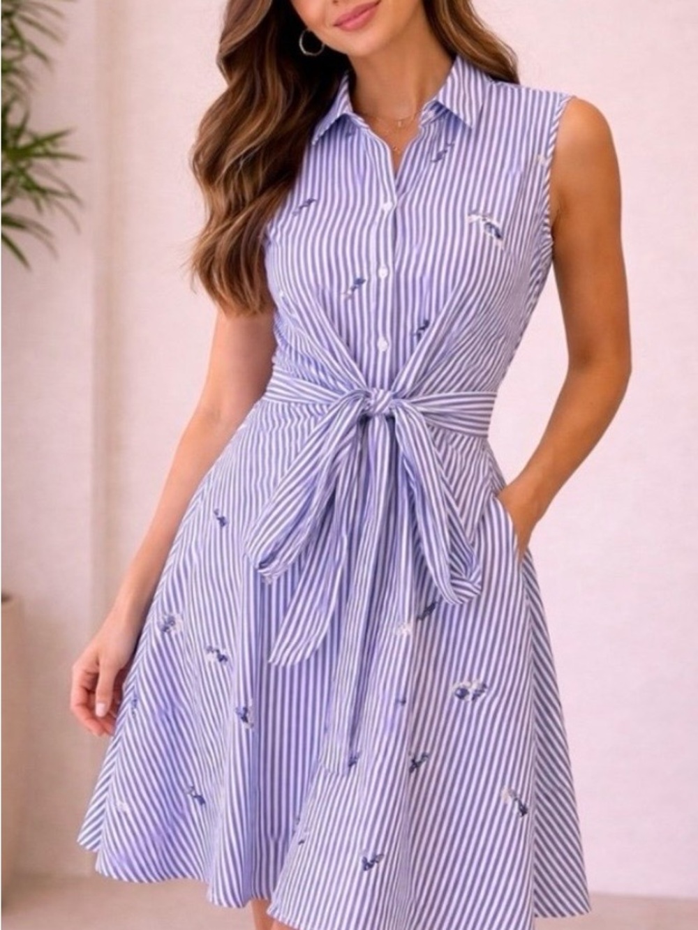 Lucy Paris Blue Striped Floral Button-Front Dress